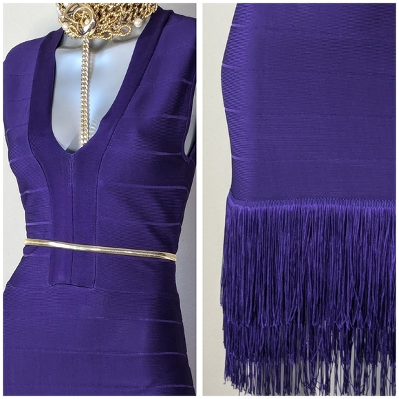 VENUS Bandage Layered Fringe Plunging Neck Sleeveless Cocktail Purple Dress - Picture 2 of 15